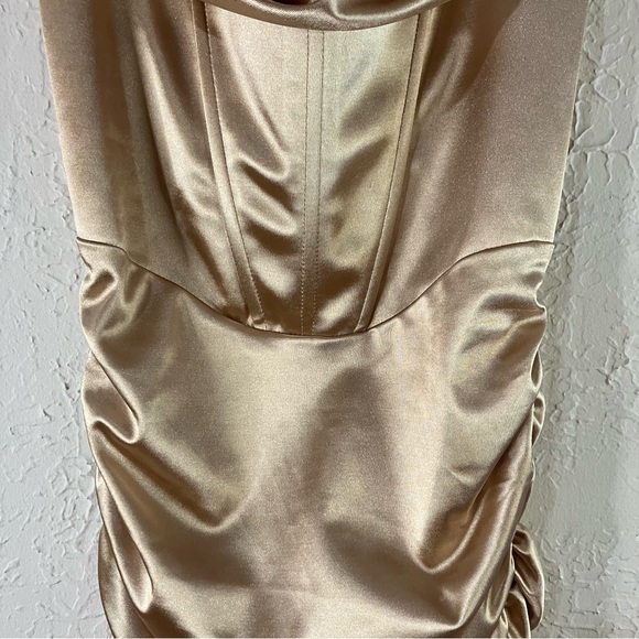 Oh Polly Embellish The Moment Ruched Satin Metallic Knee Length Dress in Gold - Picture 6 of 15